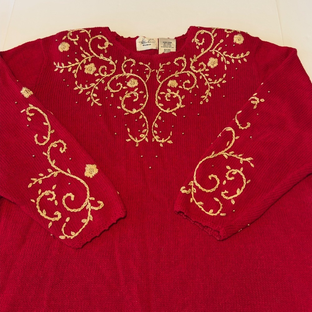 Kathie Lee Woman Red Embroidered Beaded Floral Knit Sweater Plus Size 22W 24W